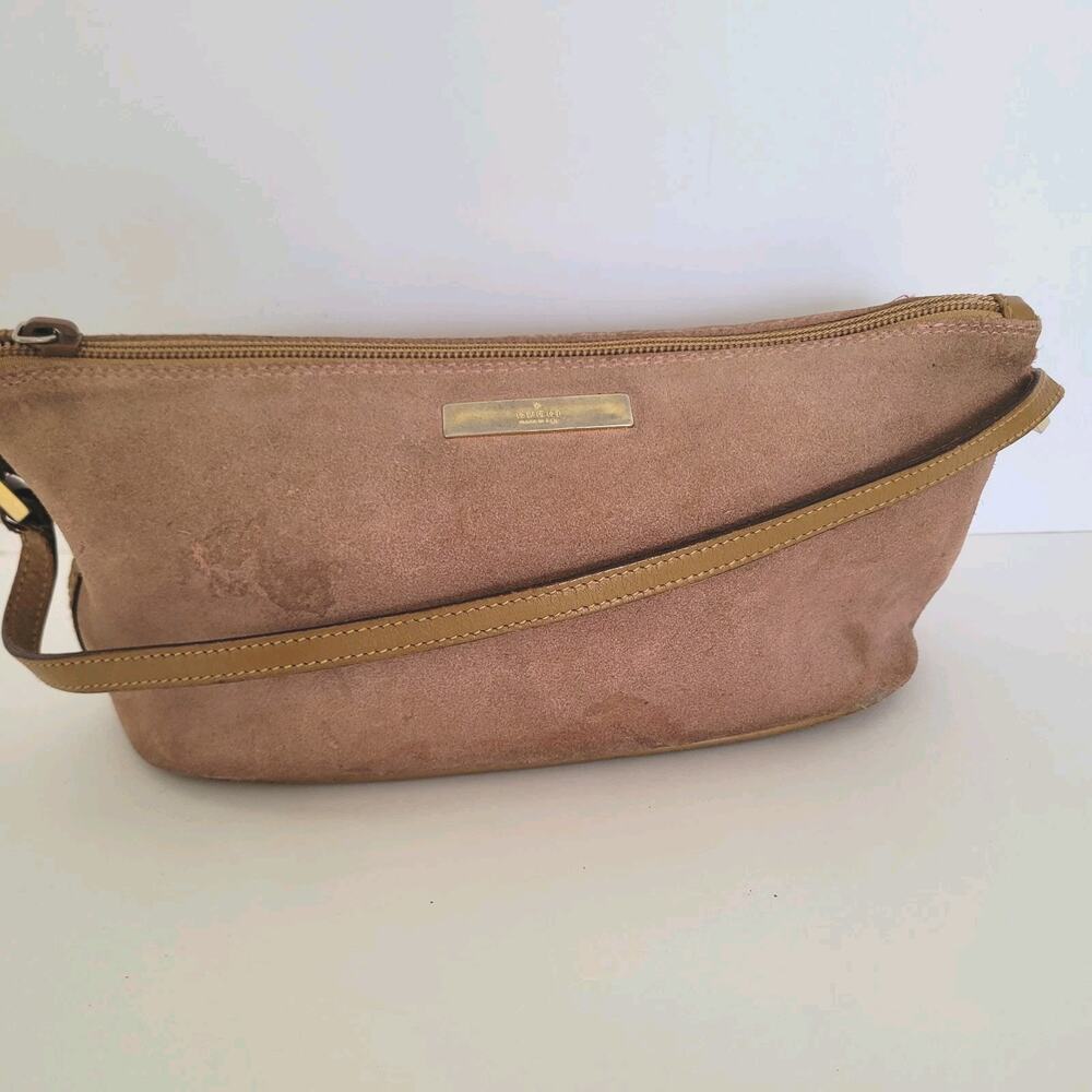 Authentic GUCCI Pink Tan Suede Leather‎ Baugette Shoulder Small Zip Bag Italy